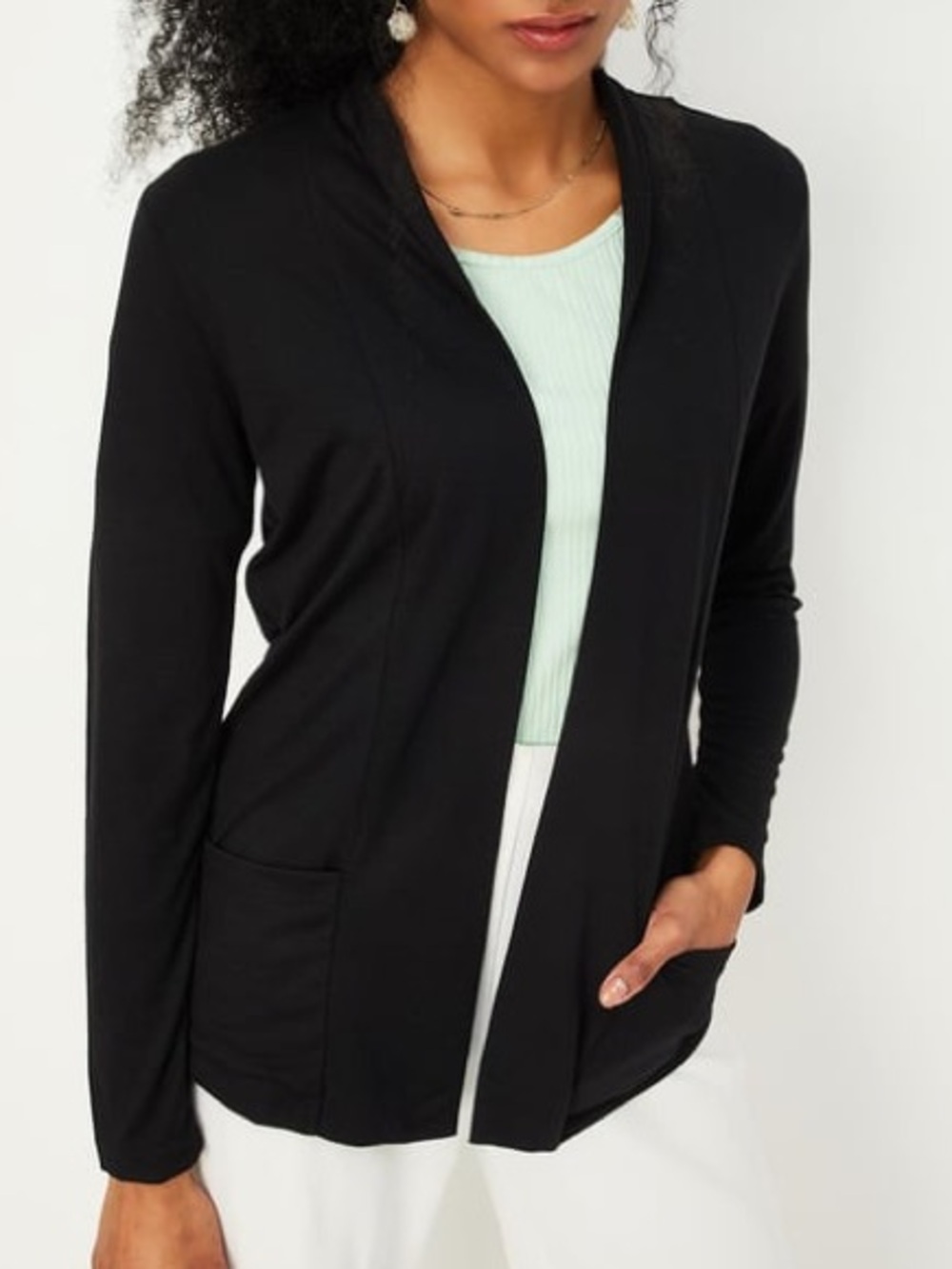 Women Solid Open Front Black Cardigan/Shrug
